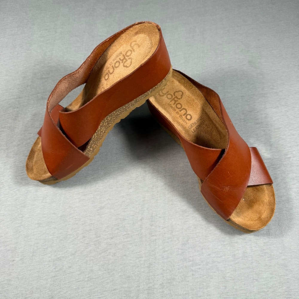 Yokono Womens Leather Wedge Sandals Brown Crossover Slide Made in Spain 7.5